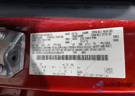 2016 Ford Escape Se z USA, uszkodzony, nr VIN 1FMCU0G78GUC89471